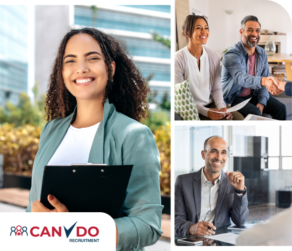 A collage image of smiling people